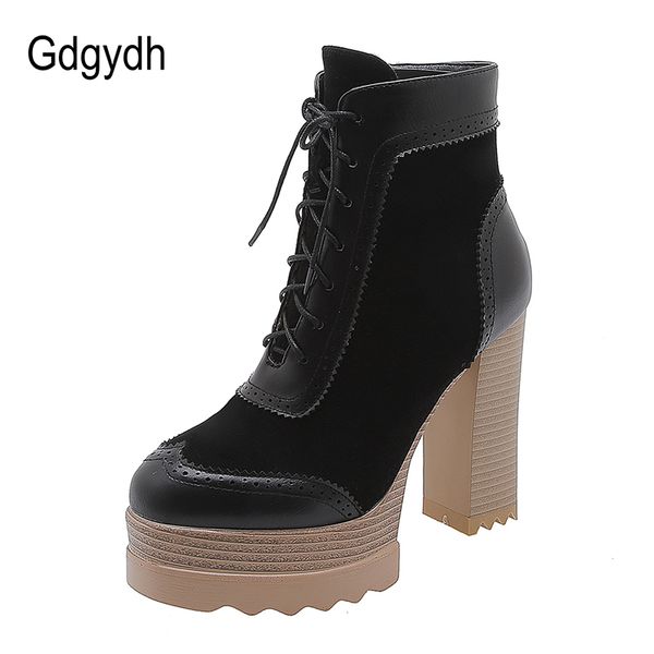 

gdgydh british style leather brogue boots women high heels shoes lace up rubber sole ladies punk shoes for party plus size 43, Black