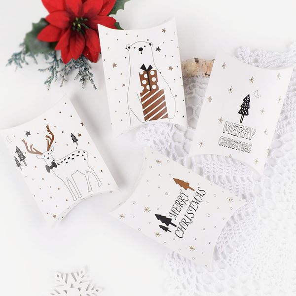 

christmas white simple wind candy cookies gift pillow shape folding box bear elk 3 trees merry christmas pattern 14x10x2.8cm