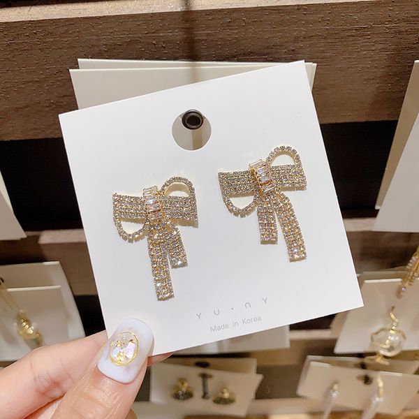 

2020 new arrival gold color cute bowknot stud earrings for women with zircon stone fashion korean earrings female jewelry, Silver
