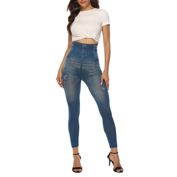 

women leggings fashion slim women leggings casual high waist slim elastic pencil pants plus size faux denim jeans leggin, Blue