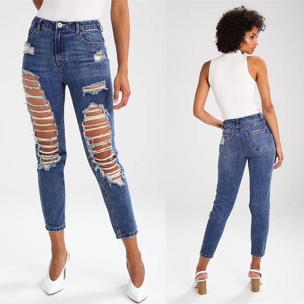 

holes cowboy moustache effect nine part pants woman casual plus size jeans, Blue