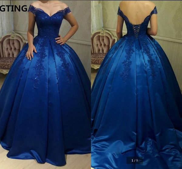 

royal blue muslim prom dresses 2019 ball gown off shoulder v-neck appliques lace beaded dubai arabic long prom gowns sale, Black