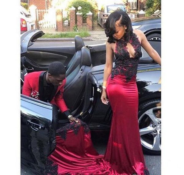 

2019 with black applique prom dresses 2k19 couple fashion mermaid high neck keyhole evening gowns with sweep train