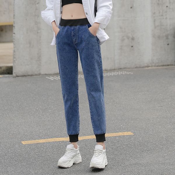 

women's 2019 new elastic waist cattle loose casual feet trousers, Blue