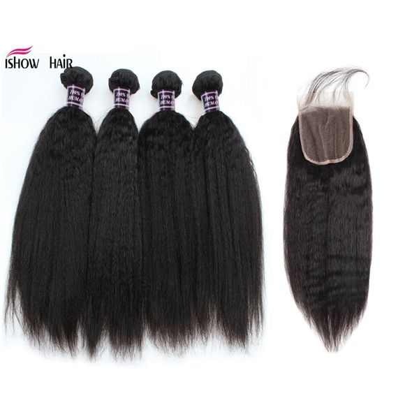 

brazilian yaki straight human hair bundles with closure peruvian wet and wavy hair 4 bundles malaysian body wave deep loose hair extensions, Black