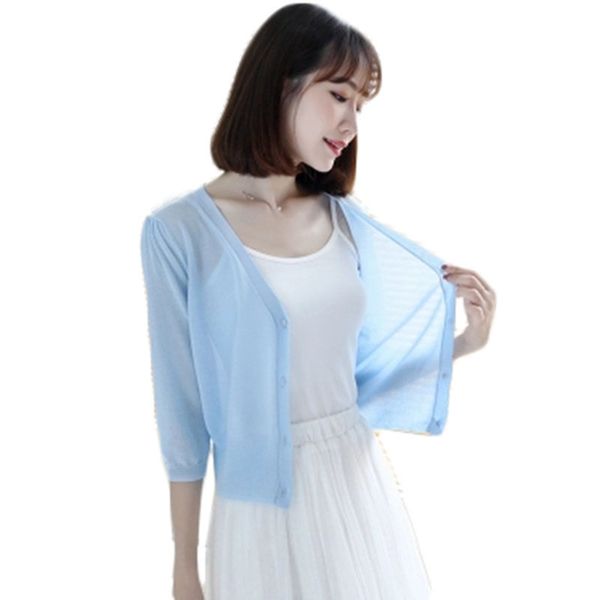 

solid color knit cardigan women short outside shawl sunscreen cardigan summer thin v-neck seven point sleeve shirt coat f454, White
