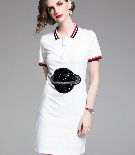 

planet sequin thread contrast color mini white dresses lapel neck aline knee-length summer slim fit dresses, Black;pink