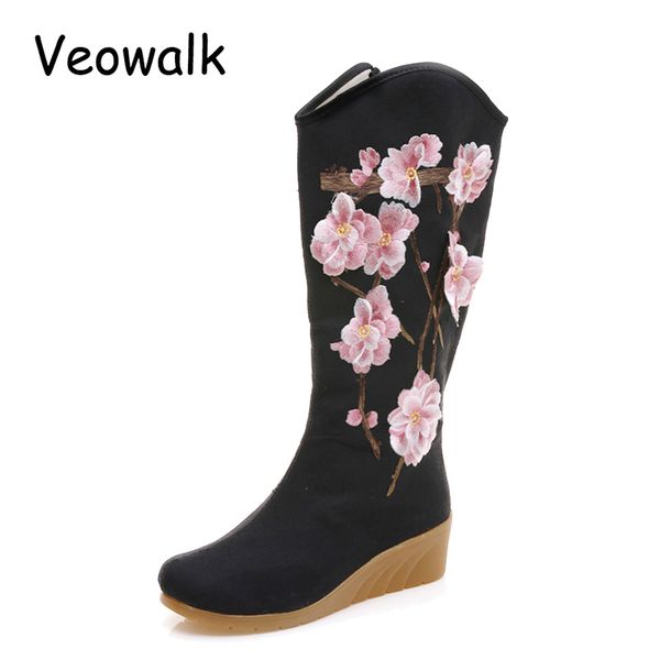 

veowalk flowers embroidered women's canvas mid boots zip hidden wedges heel ladies 30cm tall booties platforms shoes botas mujer, Black