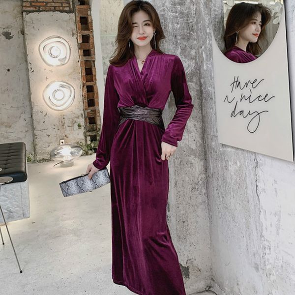 

winter velvet sashes long casual vestidos mid-calf casual v-neck solid women's dress, Black;gray