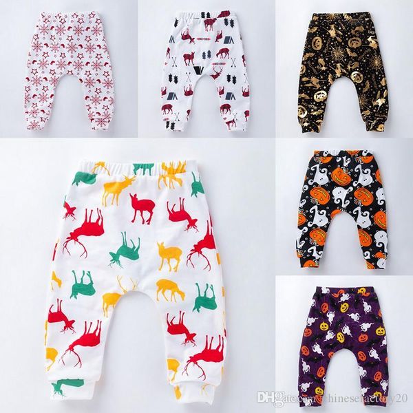 

10 colors baby pants cotton christmas halloween elk snowflake pumpkin santa claus printed harem pant, Blue