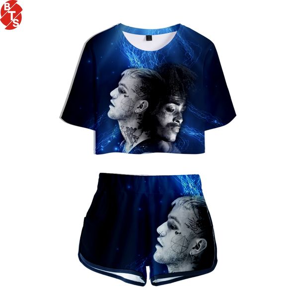 

xxxtentacion and lilpeep famous rappers 2018 hip hop women two piece sets summer crop +shorts trendy 3d printed wear, Gray