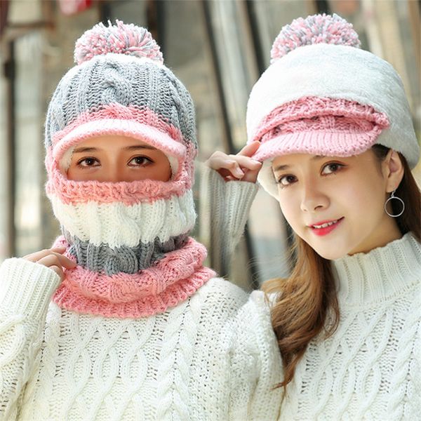 

new skullies beanies women knitted hat scarf female winter hats pom poms bonnet warm balaclava mask multi-color beanie cap, Blue;gray