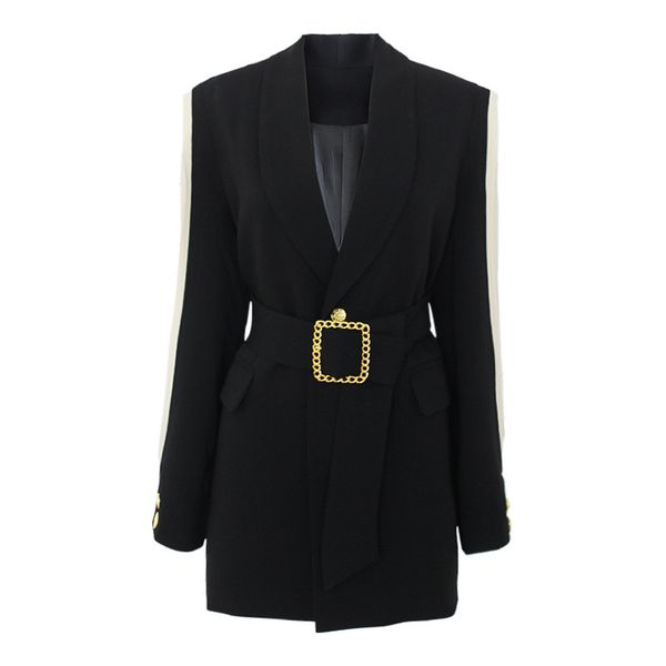 

chic patchwork mesh blazer women female spring summer pocket single button belt sash long sleeve office lady blazer coat, White;black