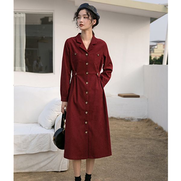 

hepburn dress women 2020 new spring autumn single-breasted suit collar mid-length dress female fashion little red dresses d3490, Black;gray
