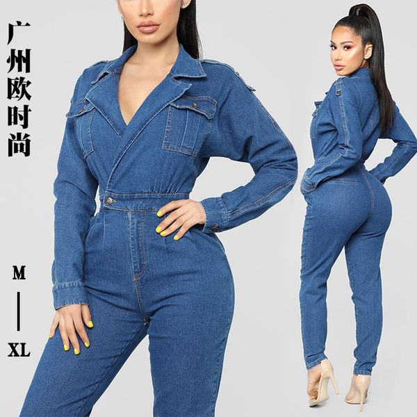 

european and american explosion style women's deep v washed denim casual jumpsuit, Black;white