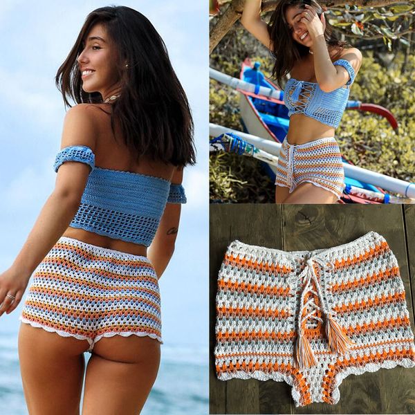 

woman knitting swim shorts lady fashion casual beach swimwear bathing hand-woven striped swimming shorts beachwear