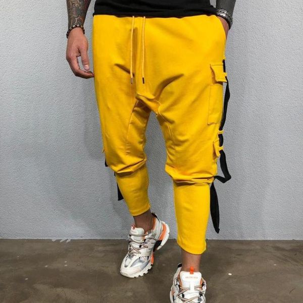 

men's casual fashion trend solid color sweatpants side pockets pull strip hip-hop pants, Black