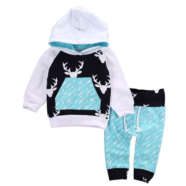 

newborn toddler kids clothes long sleeve deer print hooded arrow pants trouser 2pcs outfit baby boy girl clothing set 0-5y, White