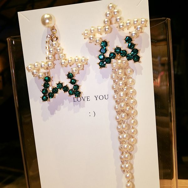 

xinwei wholesale 2018 asymmetric ab version of the new exaggerated pearl five-pointed star tassel long earrings, Silver
