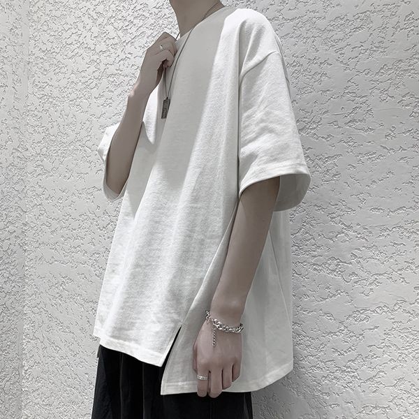 

Januarysnow Men's Simple Solid Short Sleeve T-shirt Men's Korean Version Loose Split Half Sleeve Trend Asymmetric Design Middle Sleeve