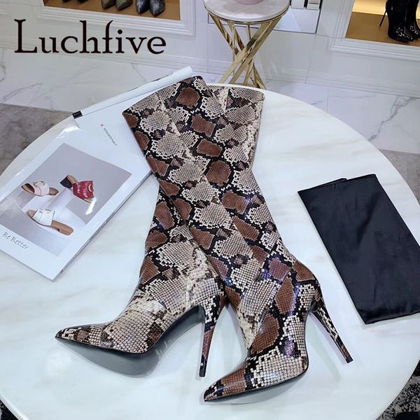 

luchfive genuine leather thigh high boots snake pattern coffee grey high heel shoes women, Black