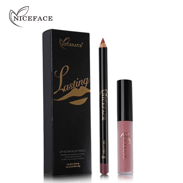 

niceface lipstick sets long lasting matte liquid lip stick + velvet lips pencil makeup kit waterproof batom nude lip gloss