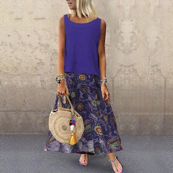 

women vintage floral print boho party dress chiffon sleeveless maxi dresses summer o-neck casual dress, Black;gray
