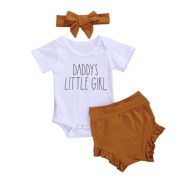 

2020 summer baby girls letter print round collar short sleeve romper + solid color shorts + headband 3pcs set toddler clothing, White