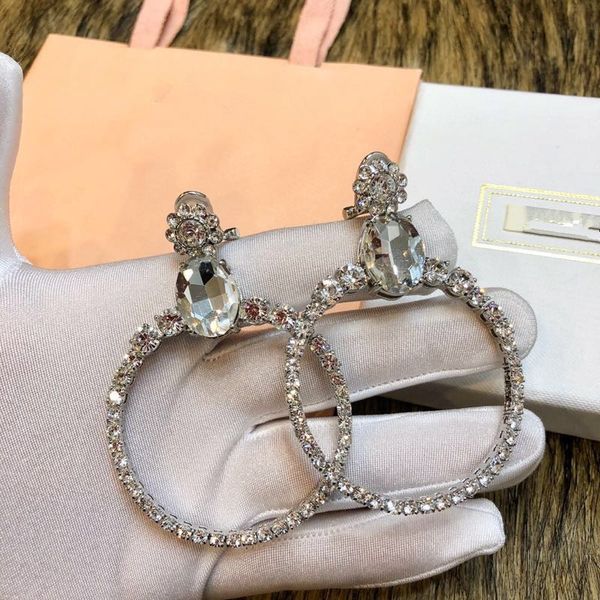 

Luxury White Gold Full Crystal Hollow Round Circle Charm Drop Clip Earrings For Women Wedding Party Jewelry