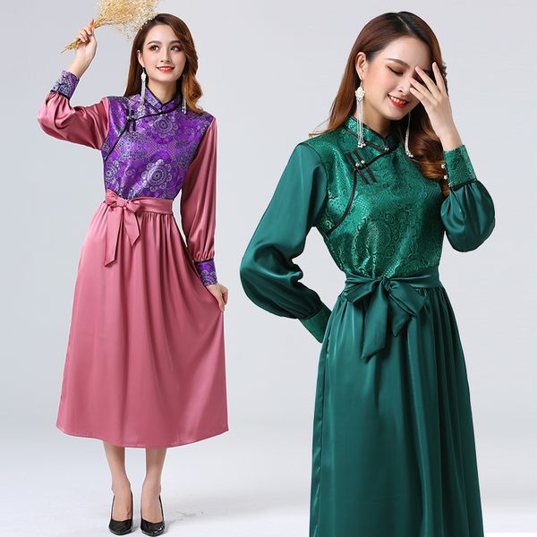 Tradicional Mulheres Silk Rayon túnica mongol estilo cheongsam Vintage vestido longo Partido de dança estágio desgaste Desempenho ásia Costume