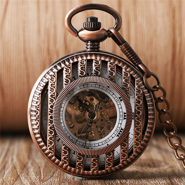 

silver/bronze/black pocket watch stripe hand winding mechanical watches pendant chain skeleton display reloj de bolsillo, Slivery;golden