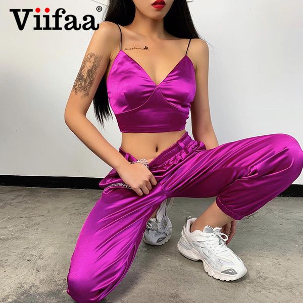 

viifaa crop cami and chain pants satin two piece set women club outfits summer party matching 2 piece sets, White
