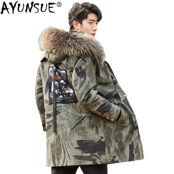 

ayunsue mens fur parka winter jacket men real fur long coat kid lamb liner racoon collar plus size parkas hombre kj1527, Black