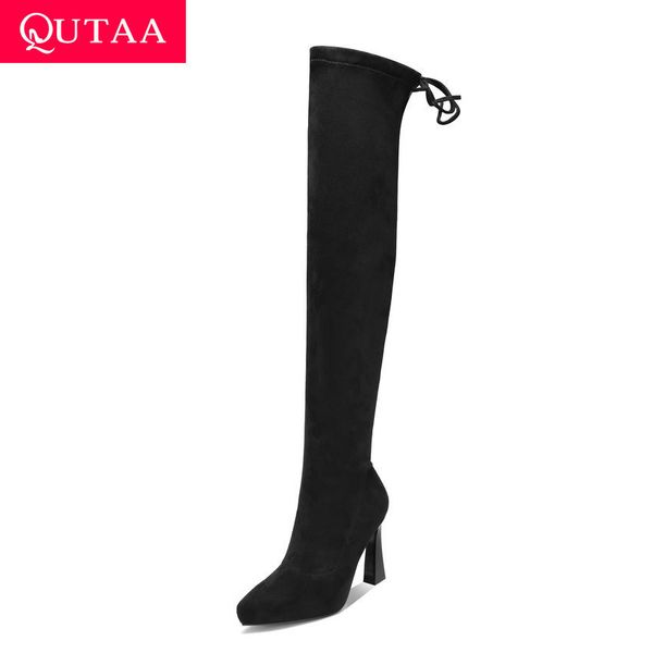 

qutaa 2020 stretch flock lace up over the knee high boots pointed toe hoof heel mid calf boots winter women shoes size34-39, Black