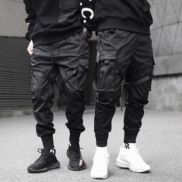 

new fashionable darkly stylish men's jogger trousers autumn hip hop streetwear side pocket ribbons thin sweatpants pencil pants, Black