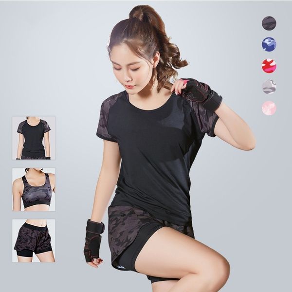 

women camouflage sportwear 3 pieces yoga set sport bra+t-shirts+shorts fitness clothes breathable gym running woman sport outfit, White;red
