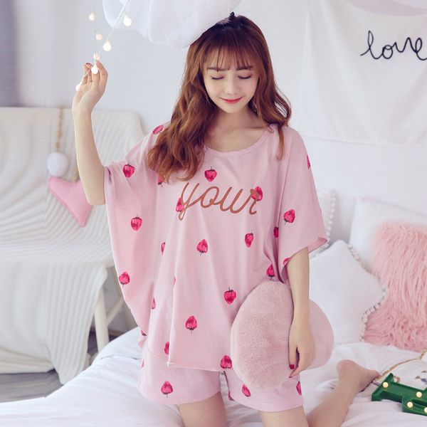 

women's two-piece pajamas print cute cartoon loose bat sleeve ladies pajamas suit women leisure wear, Black;red