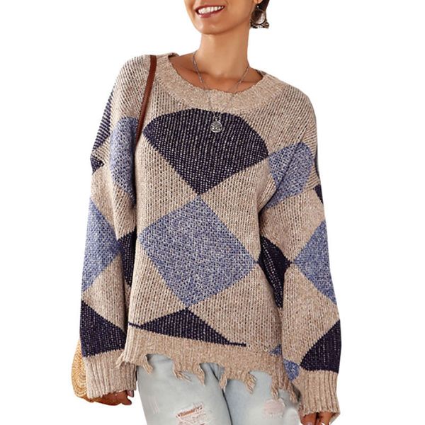 

2019 autumn winter women sweaters geometric pattern long sleeve pullovers hand knitted loose o-neck sweaters, White;black