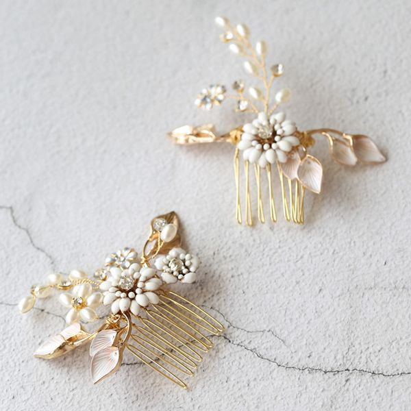 

bridal hair comb pin flower leaf headpiece vintage gold crystal pearl hairpin bridesmaids bride jewelry wedding accessories m321, Golden;white