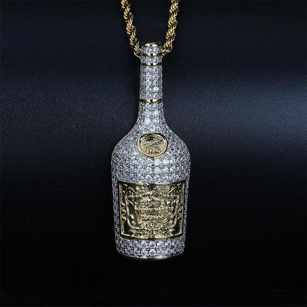 

hip hop mens 18k gold full diamond whisky bottle chain necklace designer luxury iced out cz cubic zirconia jewelry gifts for guys for guys, Silver