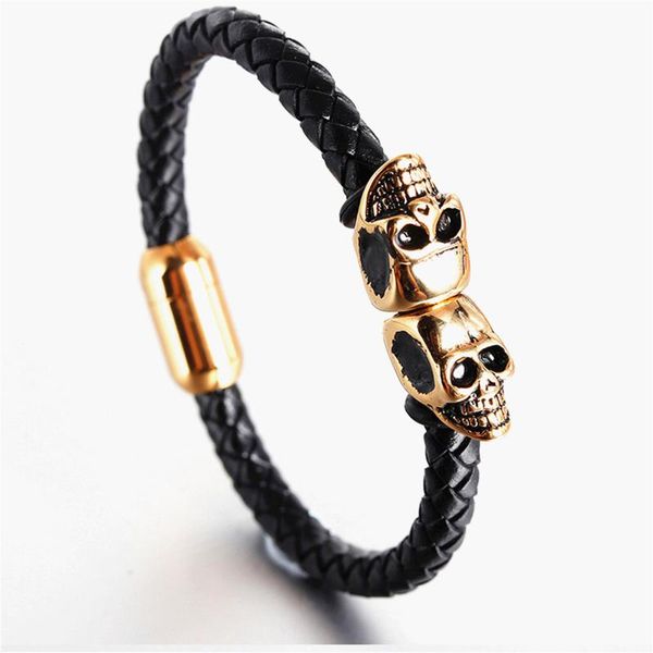 

gothic skull skeleton stainless steel genuine leather bracelet 8mm width punk style pulseiras masculinas, Black
