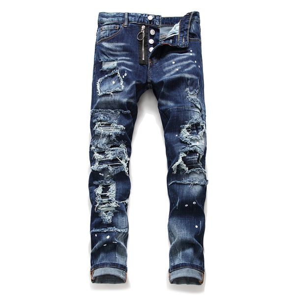 

19ss brand mans designer jeans denim zipped trousers metal pin distrressed patches damage hip hop clement fit straight skinny jeans, Blue