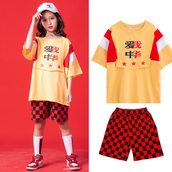

girls jazz dance costumes children hip hop short sleeve shorts street dance wear stage outfits performance rave clothes dqs4375, Black;red