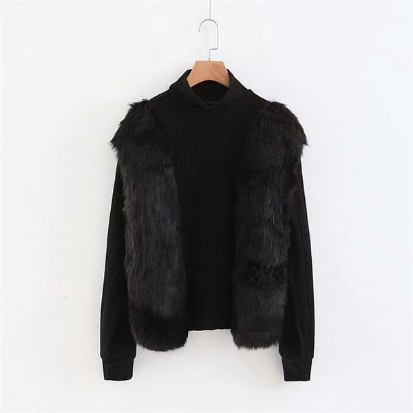 

foreign trade z2018 europe and america autumn new style women's dress faux fur clothing effect joint small high collar long-slee, Black