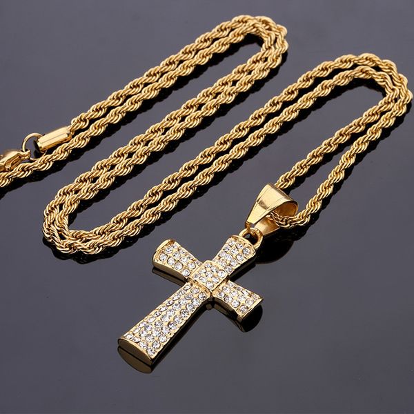 

высокое качество мода мужчины hip hop золотой крест ожерелье ювелирных изделий rhinestone нержавеющей стали длинные 60cm цепи punk rock micr, Silver