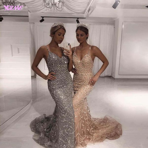 

Sparkling Silver Rhinestones Evening Dresses Long Spaghetti Beaded Mermaid Backless Evening Gown YQLNNE