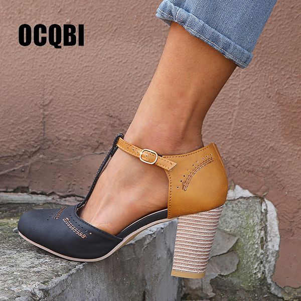

spring summer leather pumps women med chunky block heel shoes buckle strap round toe casual size 41 42 43 lady female sandals, Black