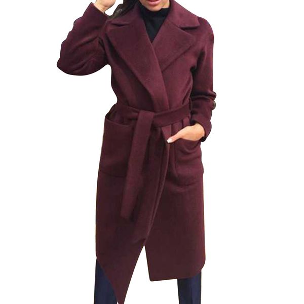 

artificial wool women winter coat casual lace up daily with pockets long fashion shopping warm office outwear solid lapel neck, Black