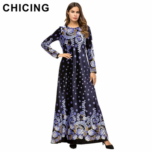 

chicing spring new arrival long sleeve empire party long dresses o-neck elegant floral print bohemian maxi dresses for ladies, Black;gray