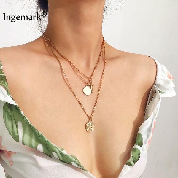 

ingemark multilayer fashion cross pendant choker necklace shiny goddess coin tassels long chain crucifix christian women jewelry, Silver